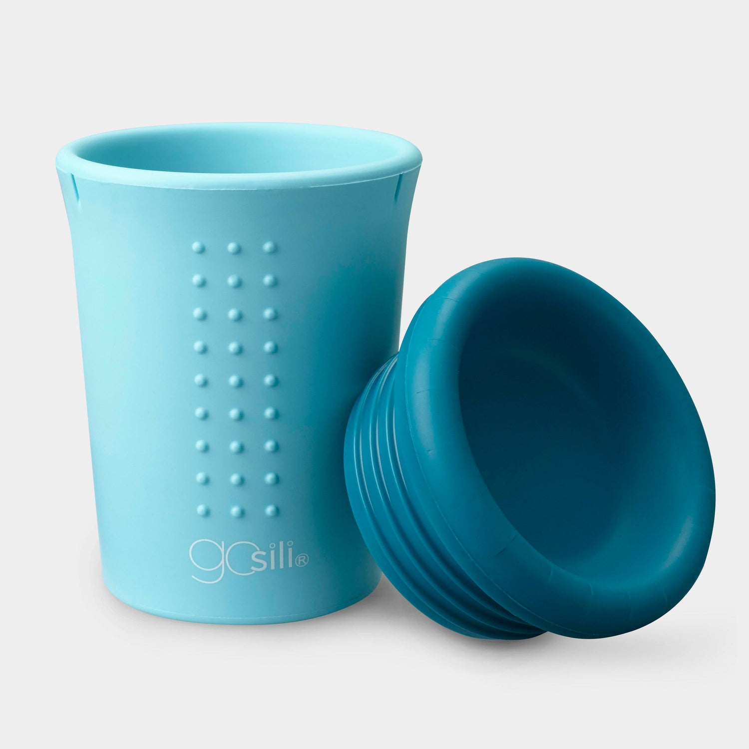Close-up of GoSili reusable silicone cup showing spout-free, 360-degree lid.