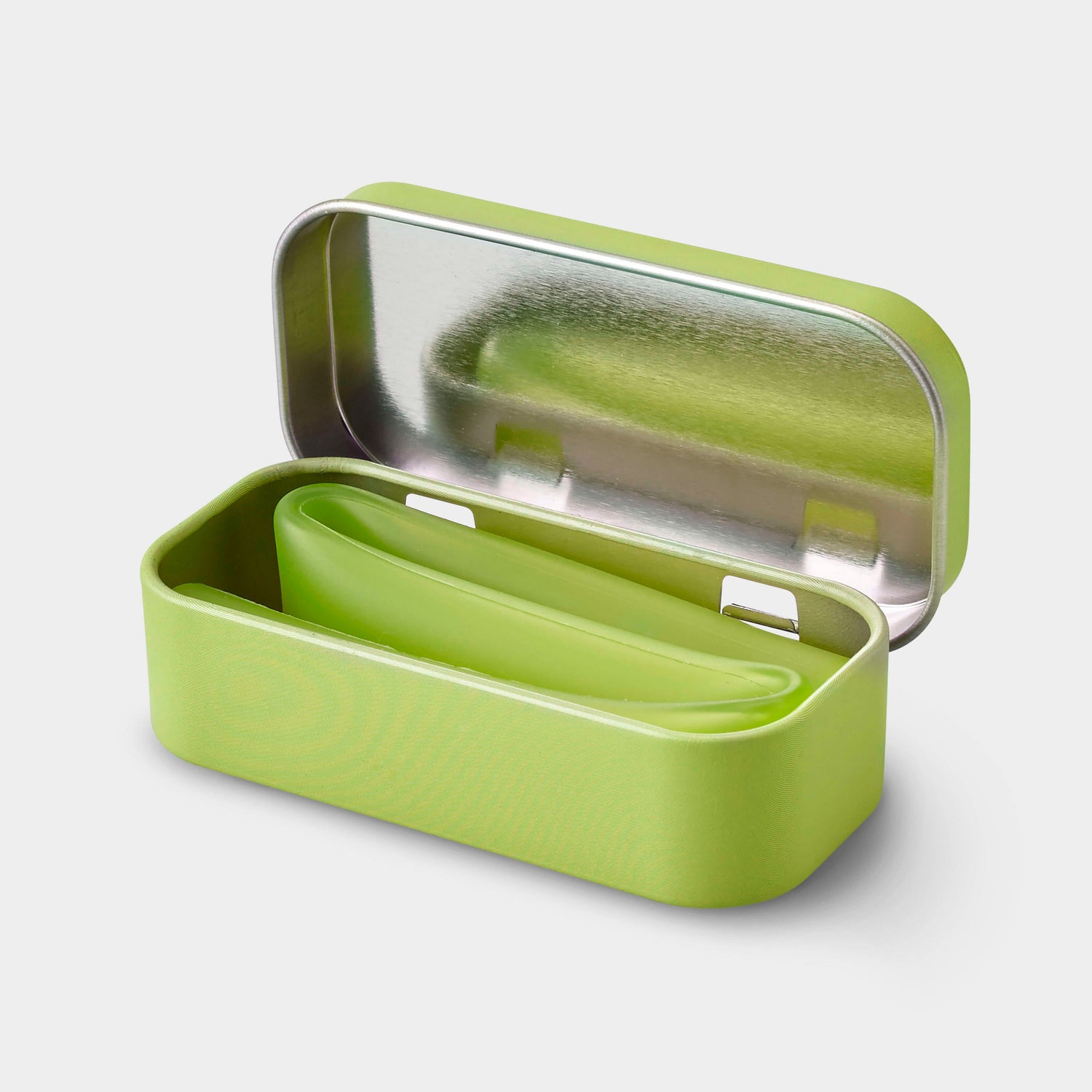 Eco-friendly reusable silicone straw folded into a sleek aluminum travel case.
